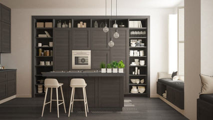 Modern gray kitchen with dark wooden details in contemporary luxury apartment with parquet floor, vintage retro interior design, architecture open space living room concept idea