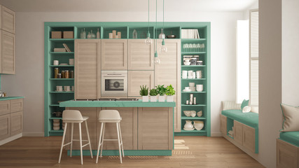 Modern turquoise kitchen with wooden details in contemporary luxury apartment with parquet floor, vintage retro interior design, architecture open space living room concept idea