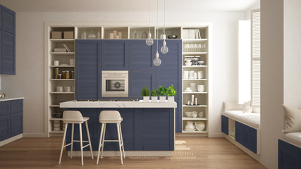 Modern white kitchen with blue wooden details in contemporary luxury apartment with parquet floor, vintage retro interior design, architecture open space living room concept idea