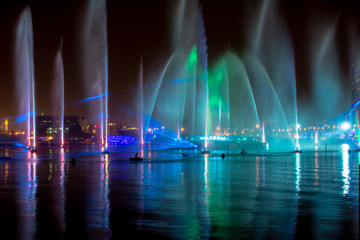 A night light, water, and fire show shows off it's beauty and creativity. 