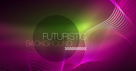 Abstract shiny glowinng color wave design element on dark background - science or technology concept