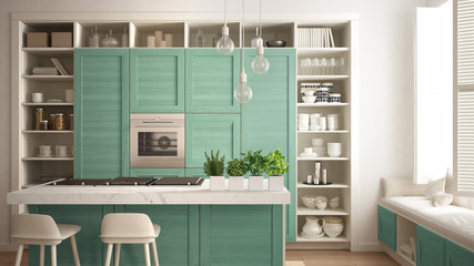 Modern white kitchen with turquoise wooden details in contemporary luxury apartment with parquet floor, vintage retro interior design, architecture open space living room concept idea