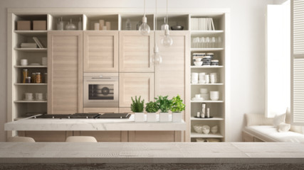 Wooden vintage table top or shelf closeup, zen mood, over modern white kitchen in contemporary luxury apartment with parquet floor, retro interior design, architecture interior design