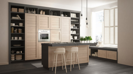 Modern white and gray kitchen with wooden details in contemporary luxury apartment with parquet floor, vintage retro interior design, architecture open space living room concept idea