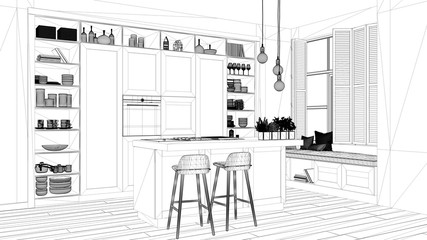 Interior design project, black and white ink sketch, architecture blueprint showing modern kitchen in contemporary luxury apartment with parquet floor, contemporary architecture