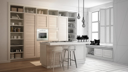 Architect interior designer concept: unfinished project that becomes real, kitchen with wooden details in contemporary apartment with parquet floor, minimalistic design idea