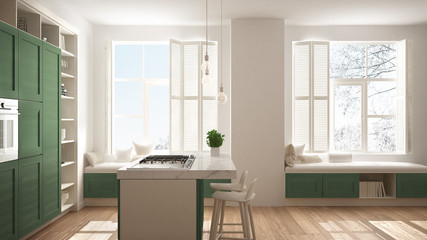 Modern white kitchen with green wooden details in contemporary luxury apartment with parquet floor, vintage retro interior design, architecture open space living room concept idea