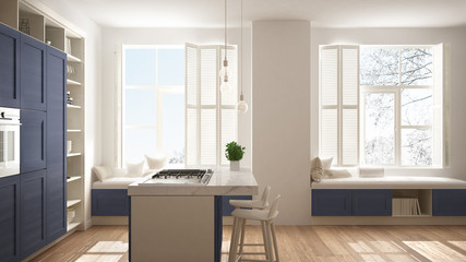 Modern white kitchen with blue wooden details in contemporary luxury apartment with parquet floor, vintage retro interior design, architecture open space living room concept idea