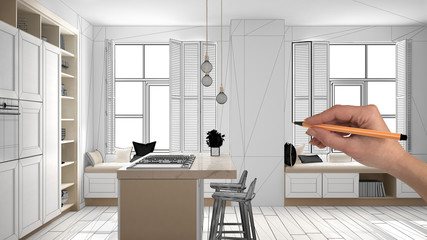 Unfinished project, under construction draft, concept interior design sketch, hand drawing real kitchen sketch with blueprint background, architect and designer idea