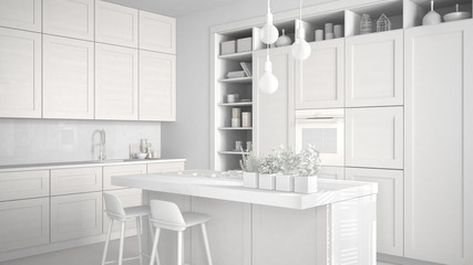 Total white project, unfinished draft of modern kitchen in contemporary luxury apartment, vintage retro interior design, architecture open space living room concept idea