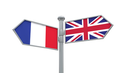 France and United Kingdom guidepost. Moving in different directions. 3D Rendering