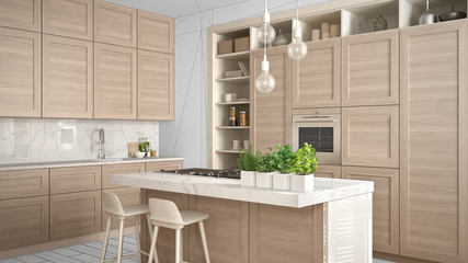 Modern white kitchen with wooden details in contemporary luxury apartment, interior design concept idea, black ink sketch in the background, minimalist furniture