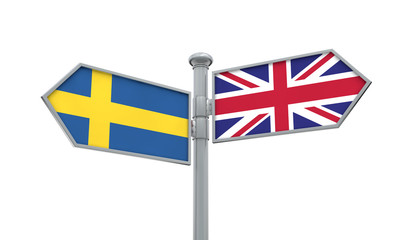 Sweden and United Kingdom guidepost. Moving in different directions. 3D Rendering