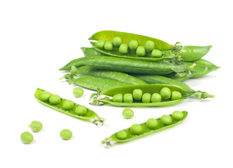 green peas in pods on a white background