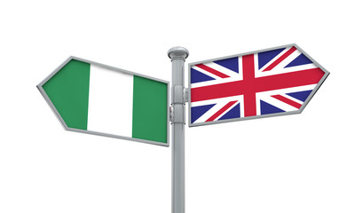 Nigeria and United Kingdom guidepost. Moving in different directions. 3D Rendering