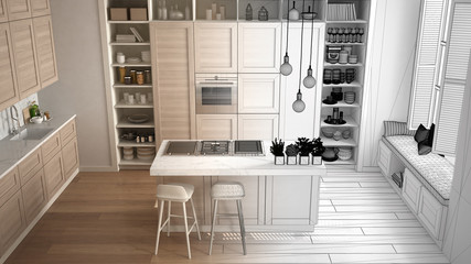 Architect interior designer concept: unfinished project that becomes real, kitchen with wooden details in contemporary apartment with parquet floor, minimalistic design idea, top view