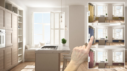 Architect designer concept, hand showing modern wooden kitchen colors in different options,...