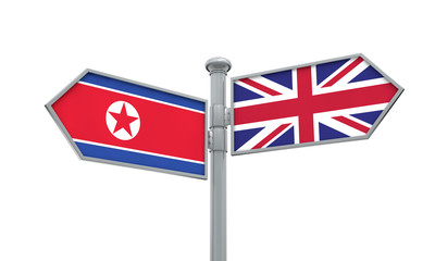 North Korea and United Kingdom guidepost. Moving in different directions. 3D Rendering