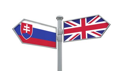 Slovakia and United Kingdom guidepost. Moving in different directions. 3D Rendering