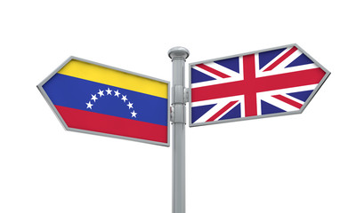 Venezuela and United Kingdom guidepost. Moving in different directions. 3D Rendering