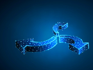 Crossroad direction three ways arrows wireframe digital illustration. Low poly crossway choice concept with lines, dots and starry sky background. Raster polygonal road guide neon sign RGB