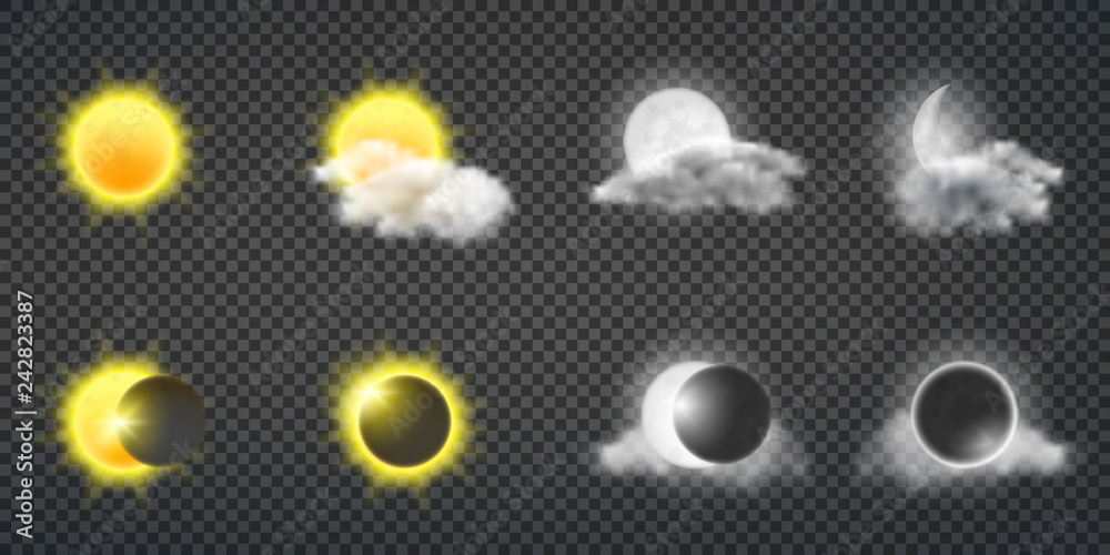 Wall mural sun activity or weather forecast, moon calendar 3d realistic vector design elements set. sun, full a