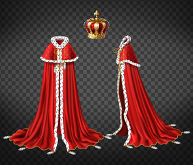 Kings royal robe with cape and mantle trimmed ermine fur and precious, gold crown decorated perls 3d realistic vector front, side view illustration isolated on transparent background. Monarch clothing