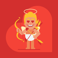 Cupid lover holds bow and arrows. Cartoon character. Valentine card