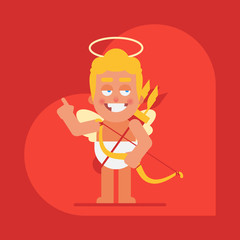 Cupid points and smiles. Cartoon character. Valentine card