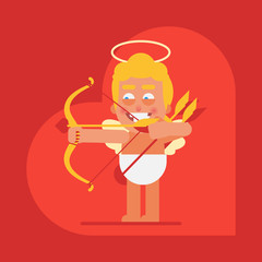 Cupid standing and shooting bow. Cartoon character. Valentine card