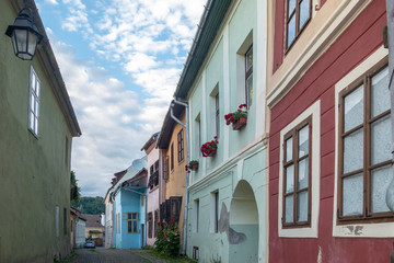 Street view in Sighisoara, medieval town of Transylvania, Romania 