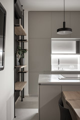 Kitchen in modern style with light walls and gray floor and illumination