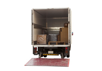 Delivery truck or van ready for load. Back view isolated