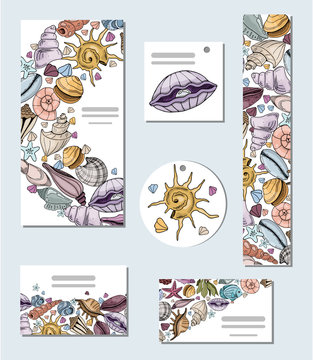 Vector unique set of templates of postcards, business cards with seashells, ocean animal, design for printing. Colored hand drawing vector illustration.