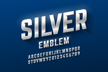Silver emblem style font, metallic alphabet letters and numbers
