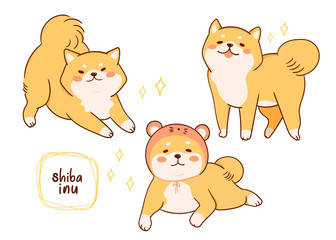 Cute Shiba Inu dogs in various poses. Hand drawn kawaii colored vector set. All elements are isolated