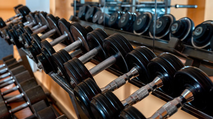 Naklejka na ściany i meble Rows of metal dumbbells on rack in the gym / sport club. Weight Training Equipment. - Image