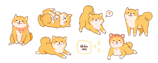 Kawaii Shiba Inu dogs in various poses. Hand drawn big colored vector set. All elements are isolated - obrazy, fototapety, plakaty