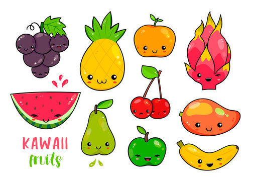 Hand drawn various kawaii fruits. Colored vector set. All elements are isolated