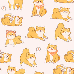 Kawaii Shiba Inu dogs in various poses. Hand drawn colored vector seamless pattern. Pink background
