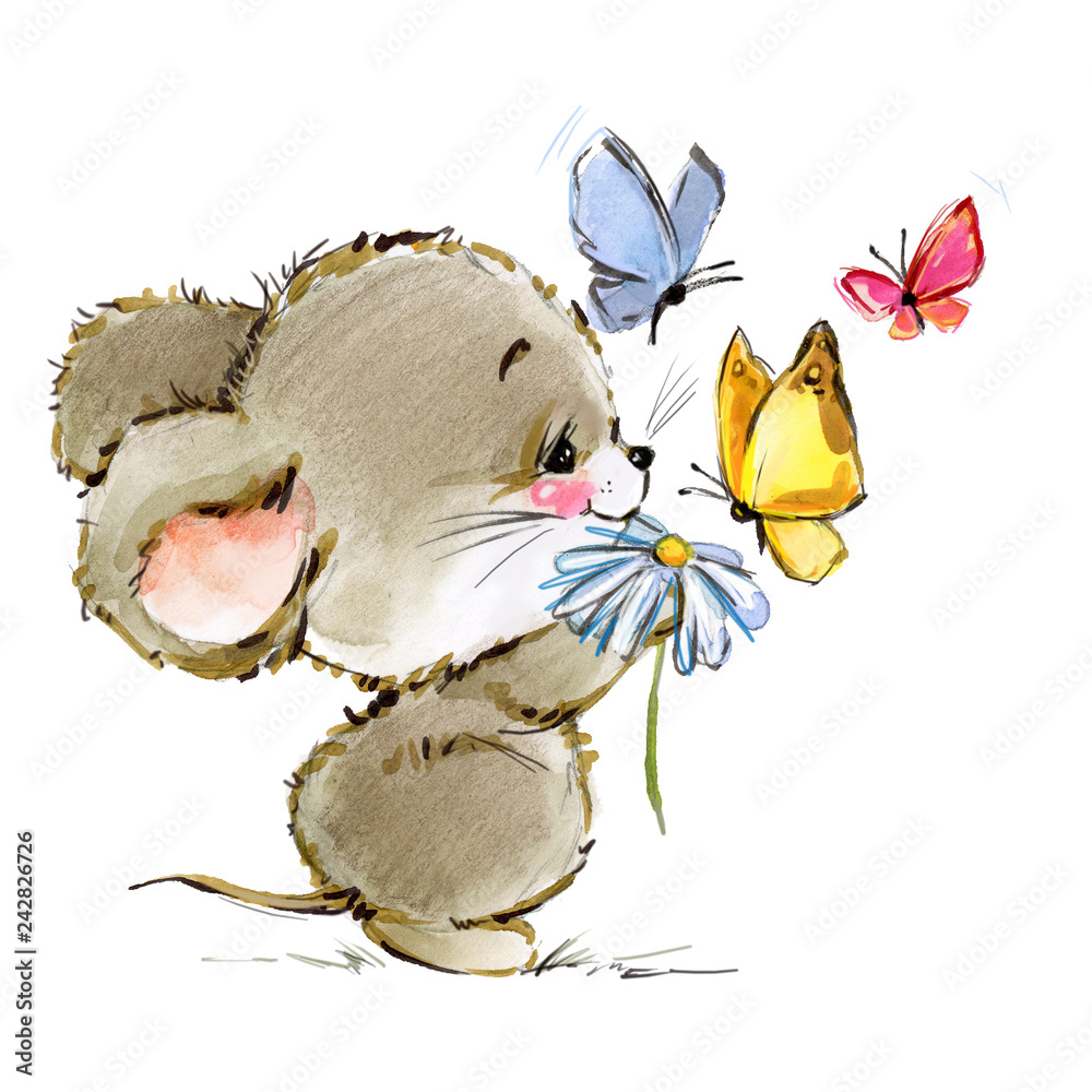 Wall mural cartoon mouse watercolor illustration. cute mice.