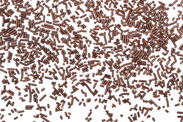 Chocolate sprinkles isolated on white background and texture, top view
