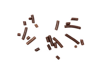 Chocolate sprinkles isolated on white background and texture, top view