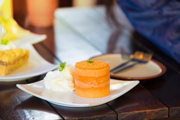 Cake orange, Orange cake on a wooden table,Cake background
