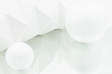 white origami background reflected in mirror with two white spheres of different sizes, abstract background with copy space for text