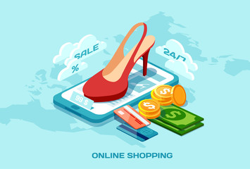 Isometric poster vector with red shoes credit card money and tablet computer