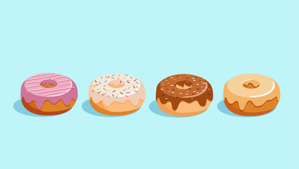 Donut vector set isolated on a blue background