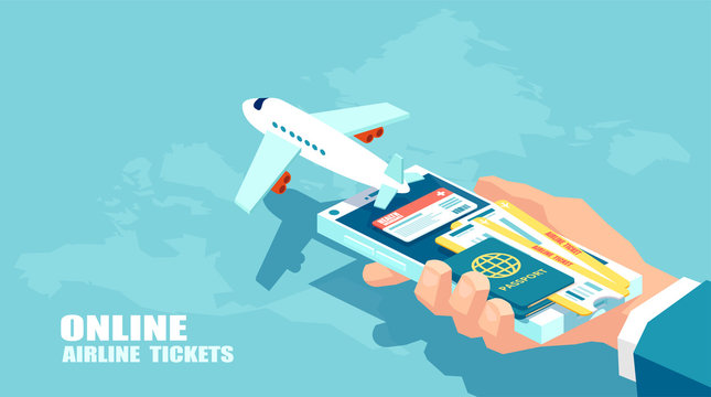 Booking Airline Tickets And Traveler Insurance Online Concept. Vector Of Travel, Business Flights Worldwide