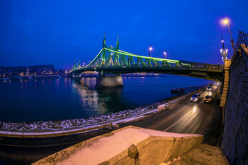 Night view of Liberty Bridge in Budapest, Hungary