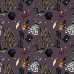 Behang Gotisch Aquarel mode illustratie. set trendy accessoires. Halloween, cape, jurk, hoed, laarzen, drankjes, magische bal, tas, bezem, oorbellen, naadloos patroon, zwarte achtergrond
